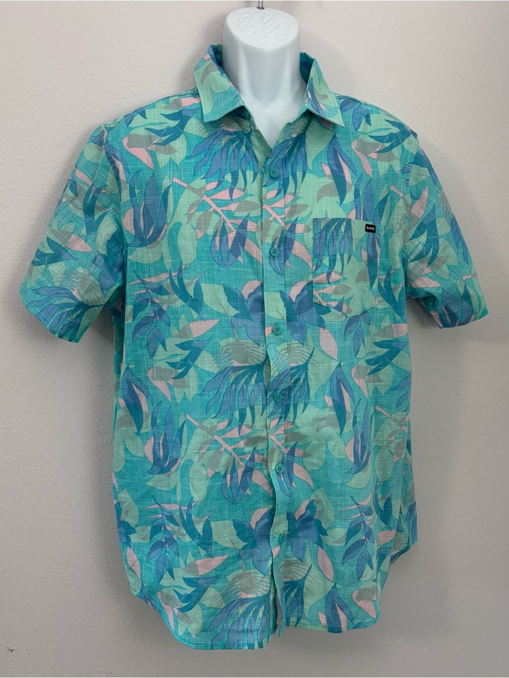 HURLEY Men’s Aquamarine Blue & Green Short Sleeve Button Down Shirt Size L